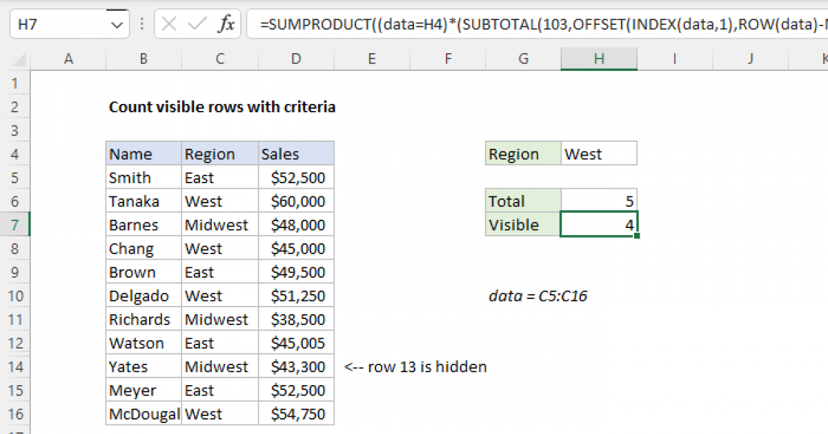 Count Visible Rows With Criteria Excel Formula Exceljet